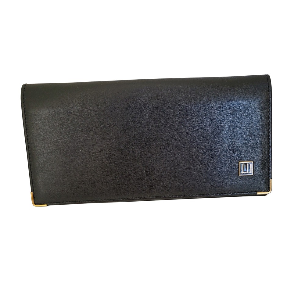 Dunhill Black Leather Long Wallet Gold Corner Accents Made in Spain Mens